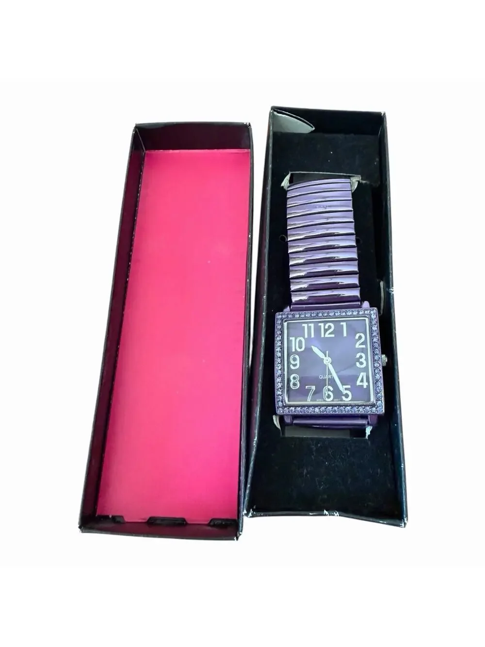 Avon Metallic Purple Stretch Band Rhinestone Bracelet Watch Rectangular Quartz